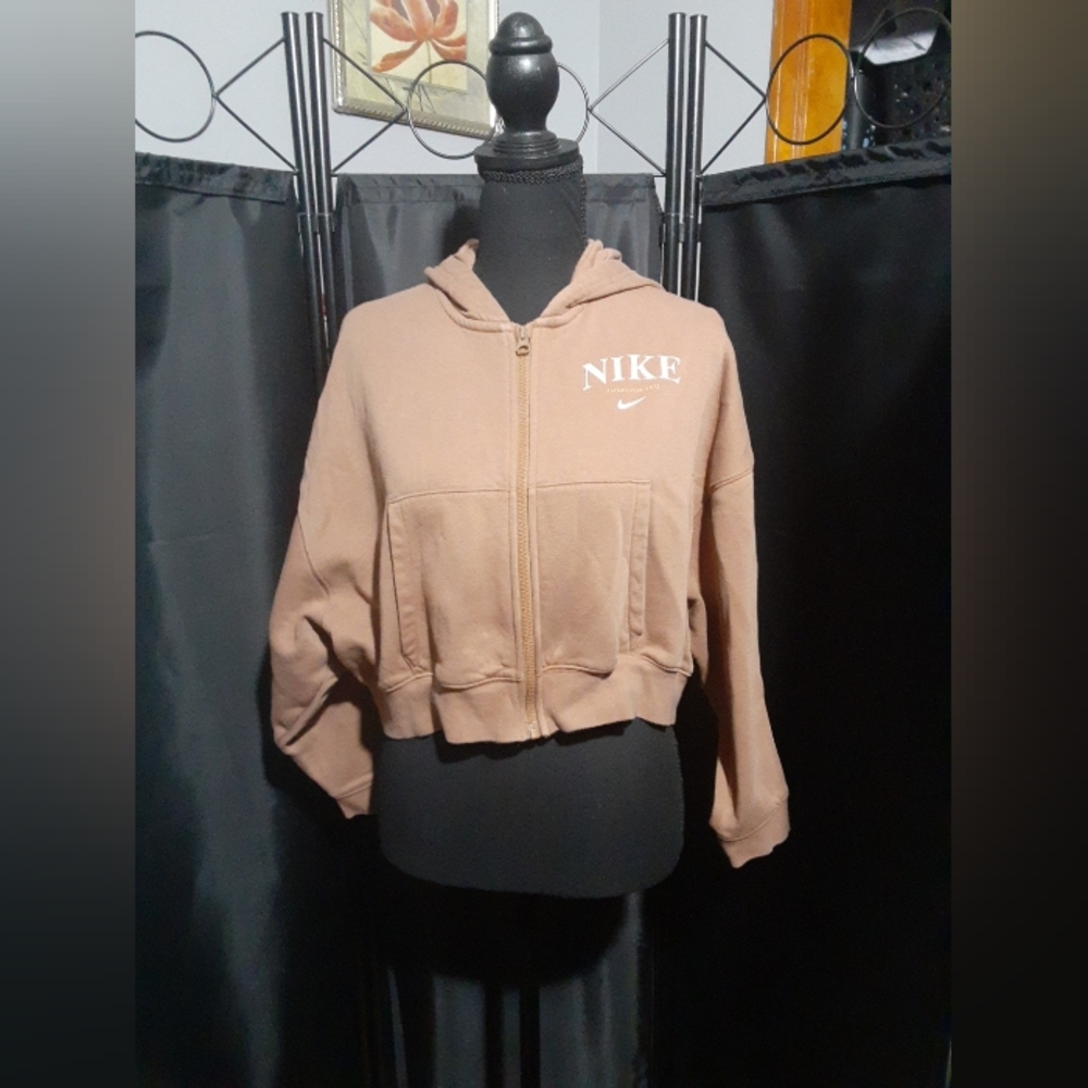 Nike Women's Cocoa Brown Zip-Up Cripped Hoodie Size M Casual Beach Boho - Picture 3 of 10